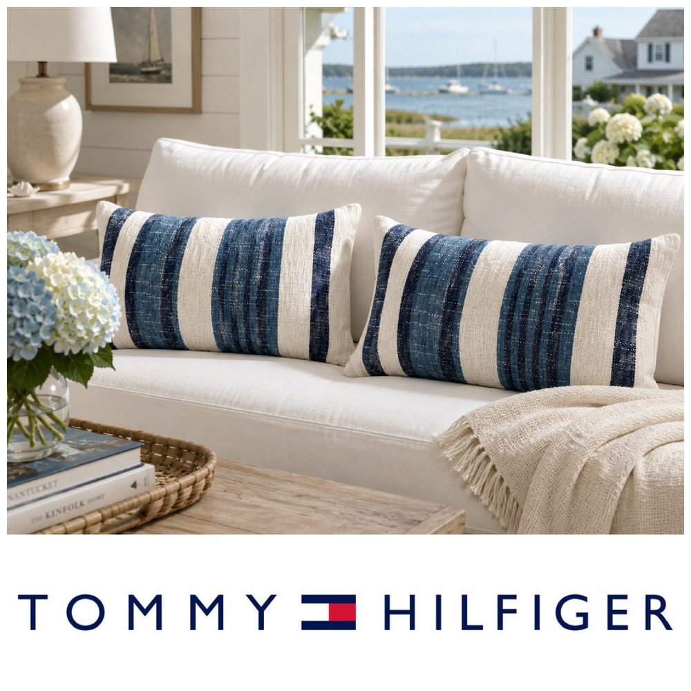 Lot 2 Tommy Hilfiger Home Blue Ivory Striped Woven Cotton Throw Pillows Coastal